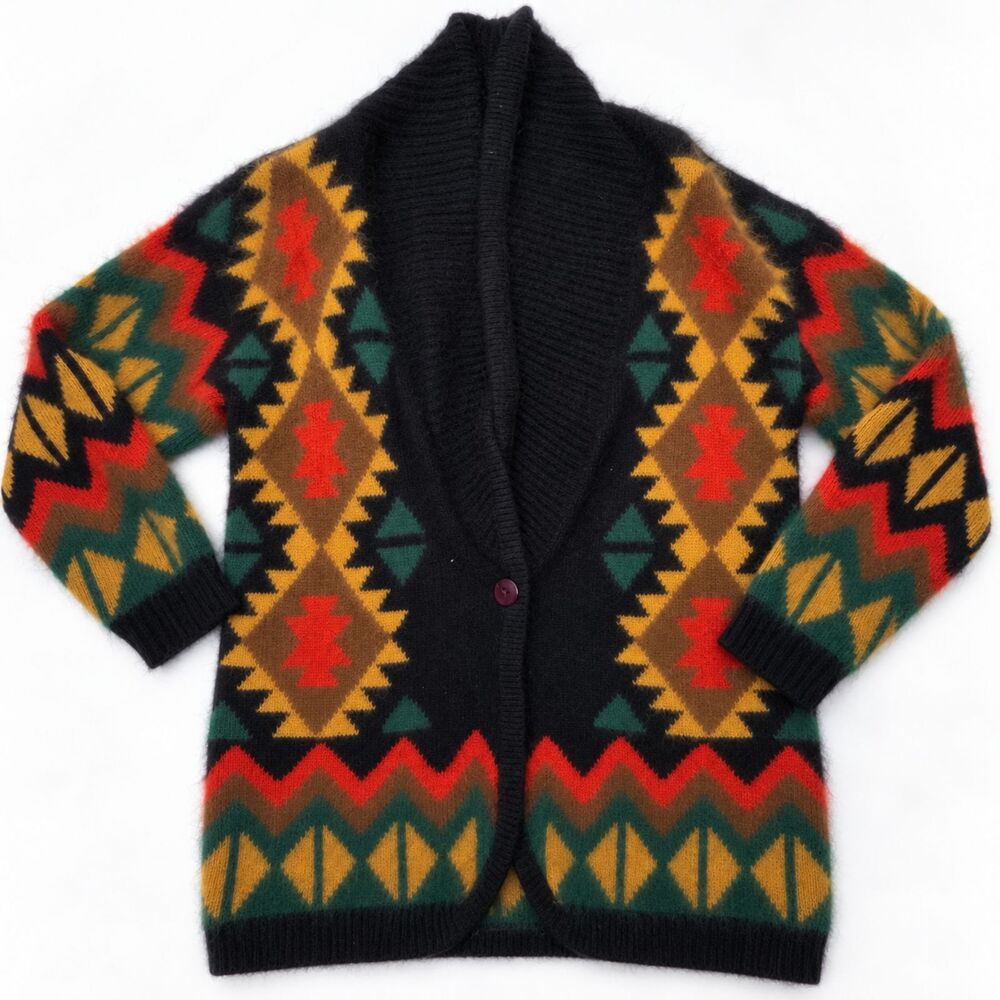 Rafaella Angora Lambswool Cardigan M Southwestern Geometric Shawl Collar Vintage